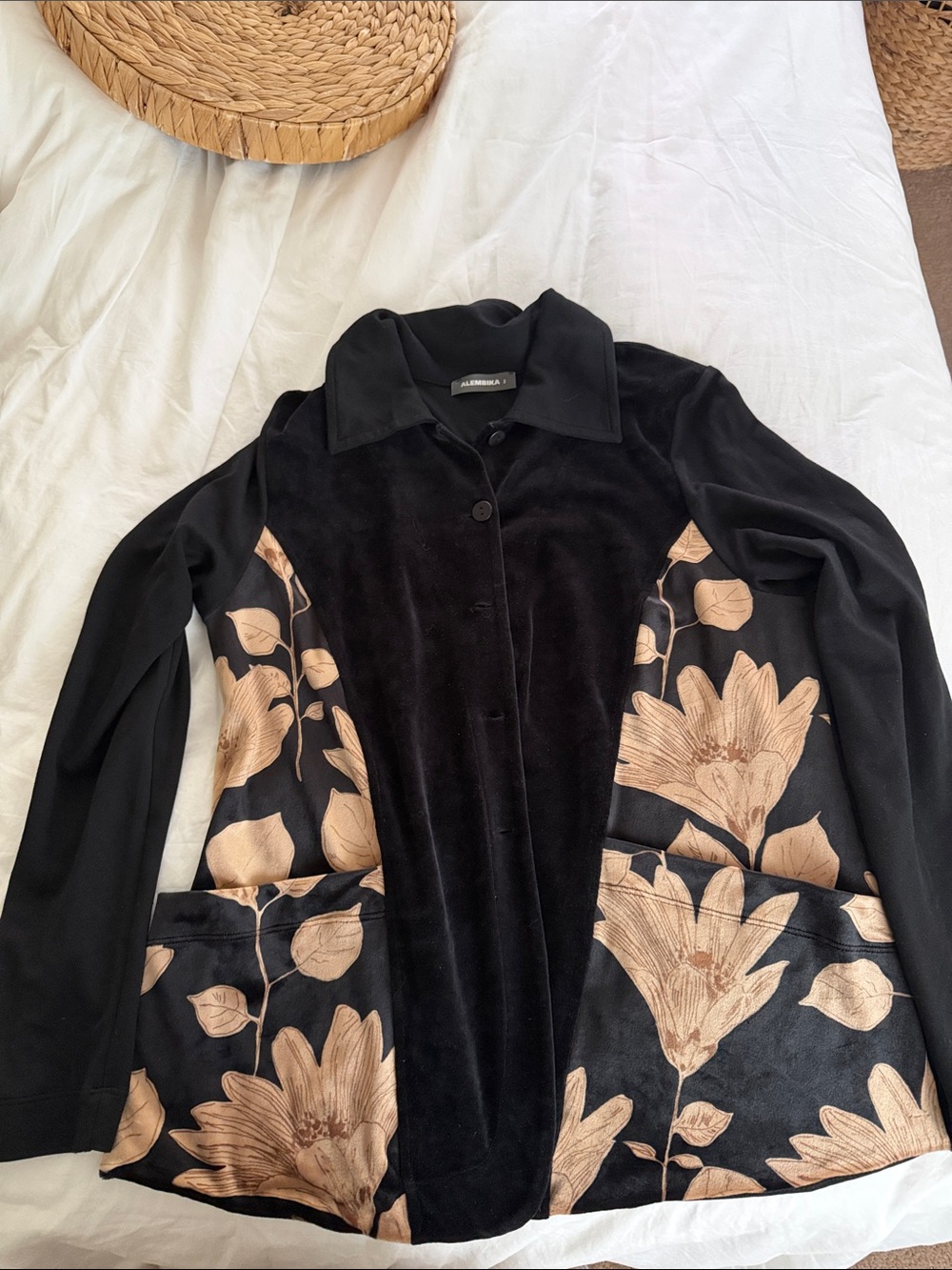 Black Floral Velvet Blouse - Beige Floral Accents